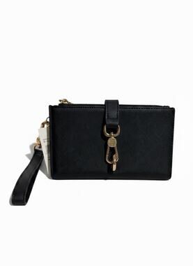 Anne Klein Black Bifold Wristlet With Bridge-Clip Closure Wallet Gold Hardware